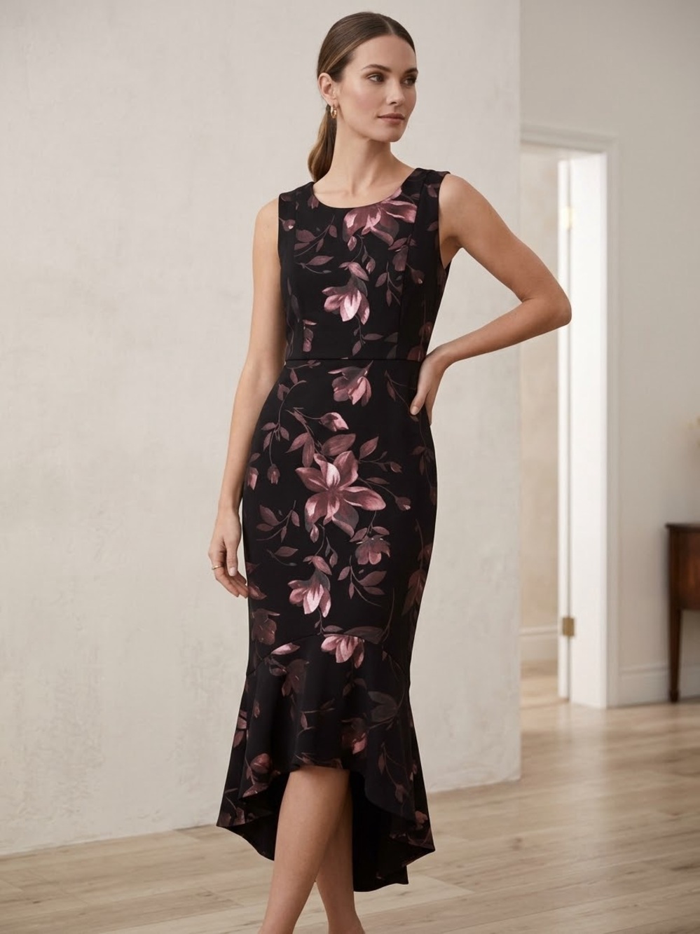 Enfocus Studio Black Floral High-Low Sheath Dress with Rose Accents
